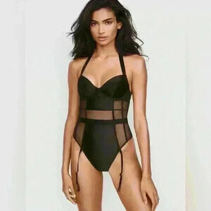 Victoria’s Secret Black Quilted Satin Mesh Strappy Teddy Bodysuit 32A Halter